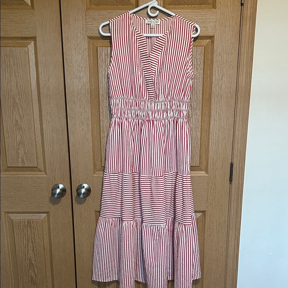 She + Sky Red and White Striped V-Neck Midi Dress